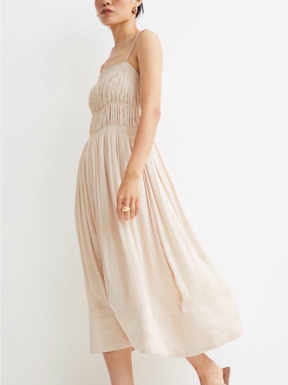 H&M Blush Smocked Strappy Midi Dress
